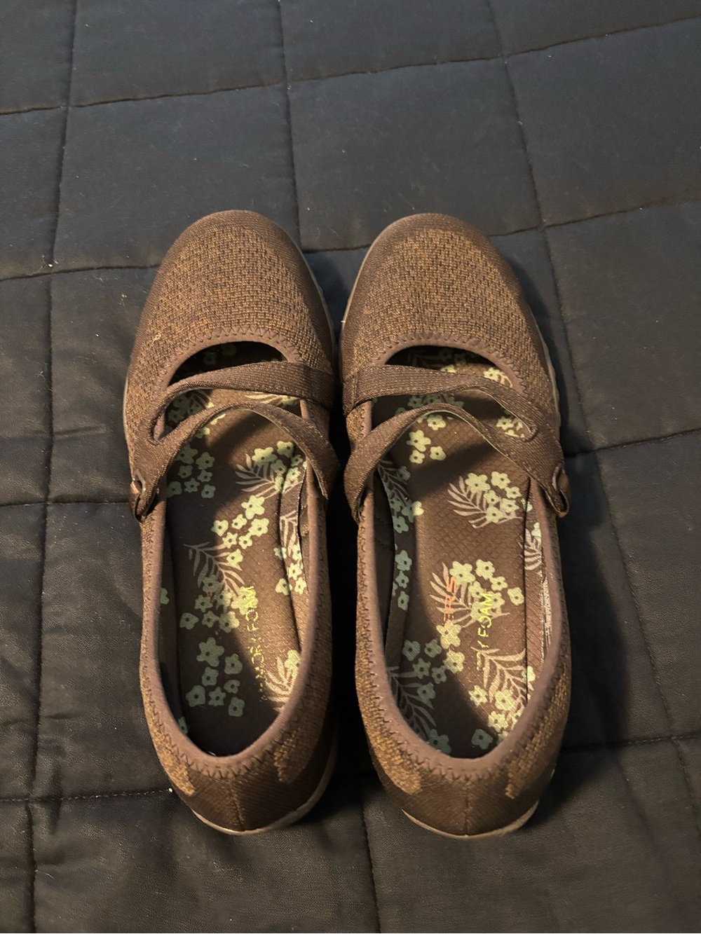 Skechers Brown Mary Jane Knit Flats with Floral Insole